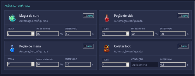Recorte oficial da tela de Ajustes do Sentinel mostrando cura e poções